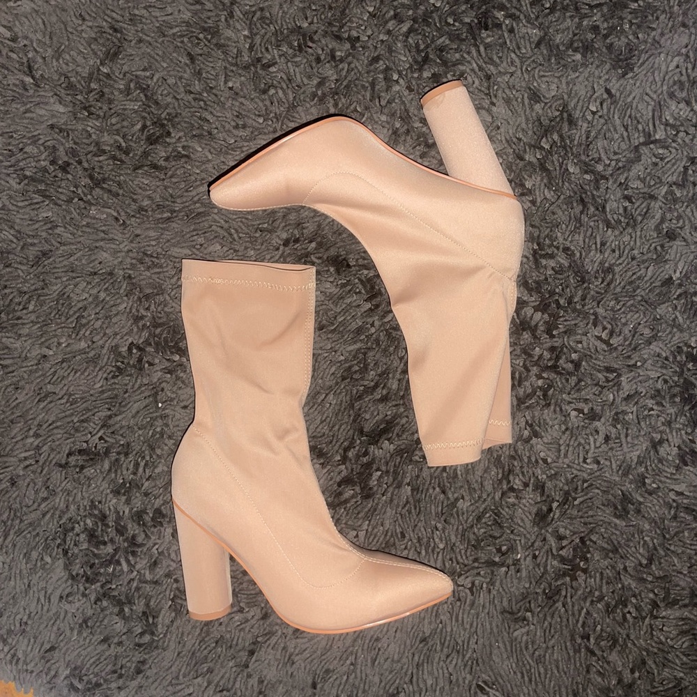 Nude Pointed Sock Heel Boots
